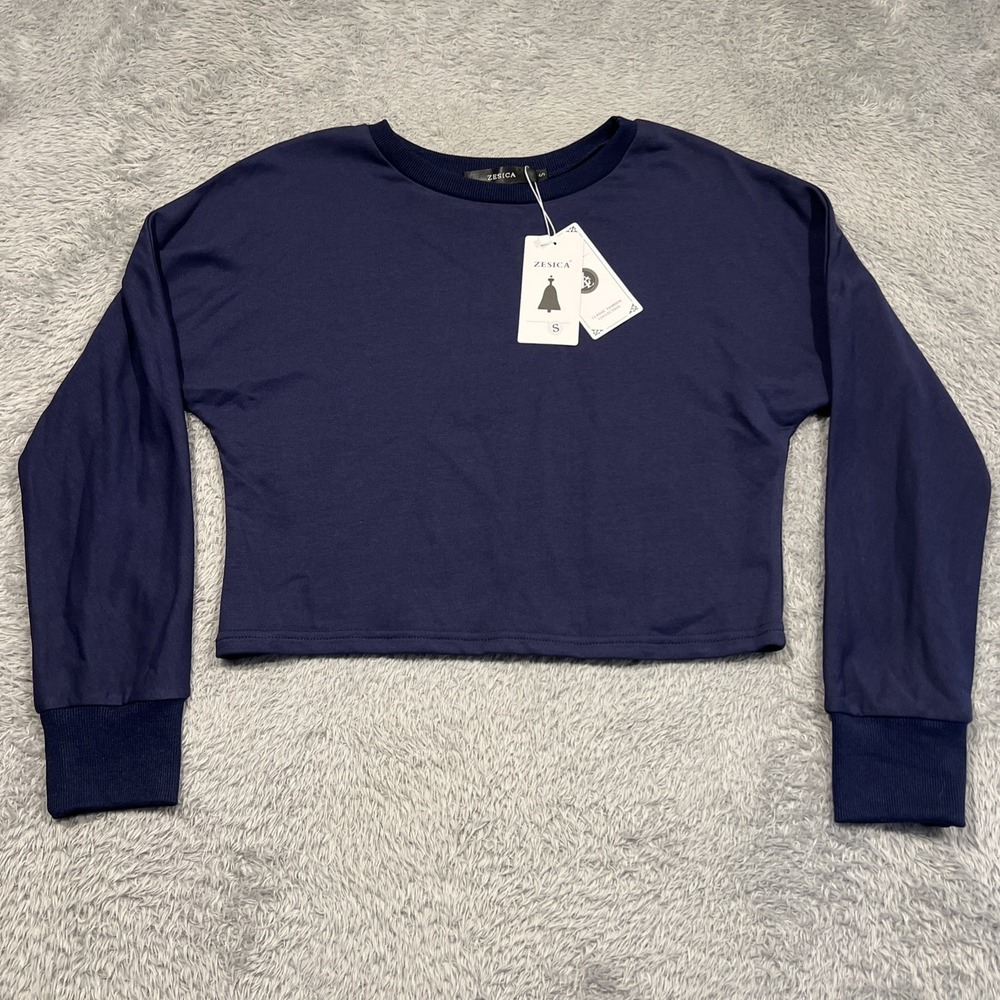 ZESICA‎ Cropped Sweatshirt Boxy Crew Neck Long Sleeve Navy Blue Womens Size S